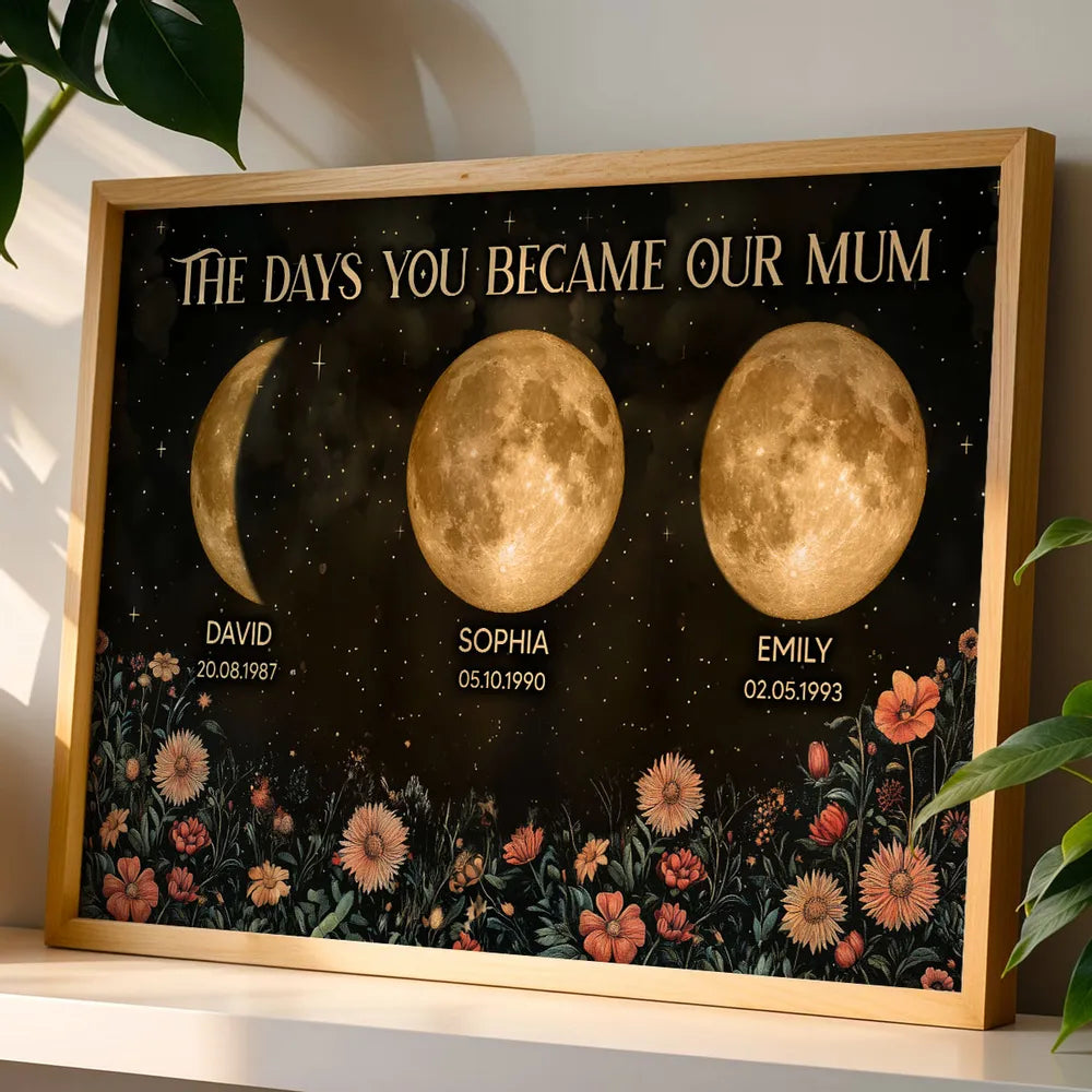 Personalized Moon Phases & Vintage Wildflowers Poster for Mom, The Days You Became Our Mum, Unique Mother's Day Gift
