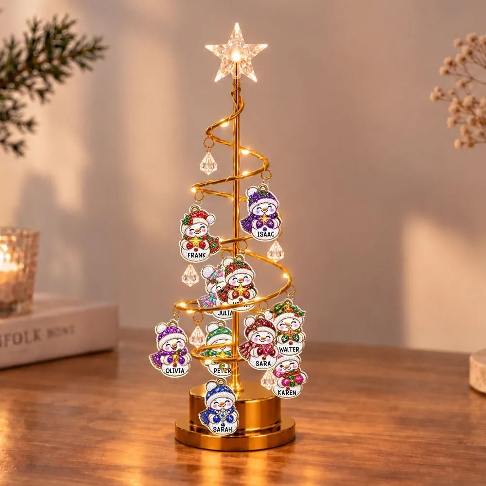 Personalized Spiral Christmas Tree Table Lamp with Snowman Family, Unique Gift for Family