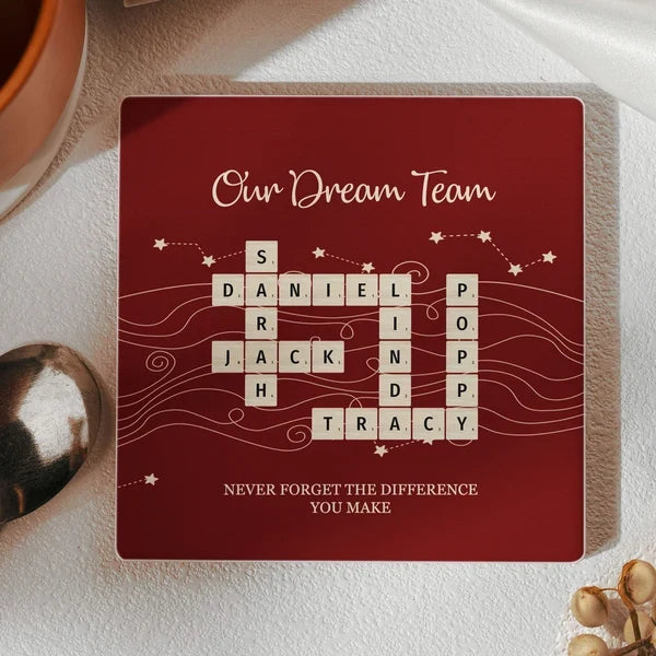 Personalized Round Ceramic Coaster with Team Crossword Design, Unique Coworker Gift for Office Desks