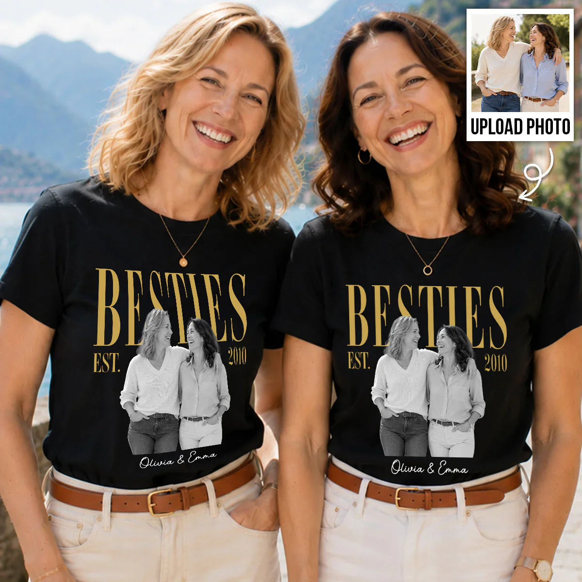 Personalized Classic Tee, Black & Gold Retro Photo for Close Friends, Unique Gift for Matching Outfits