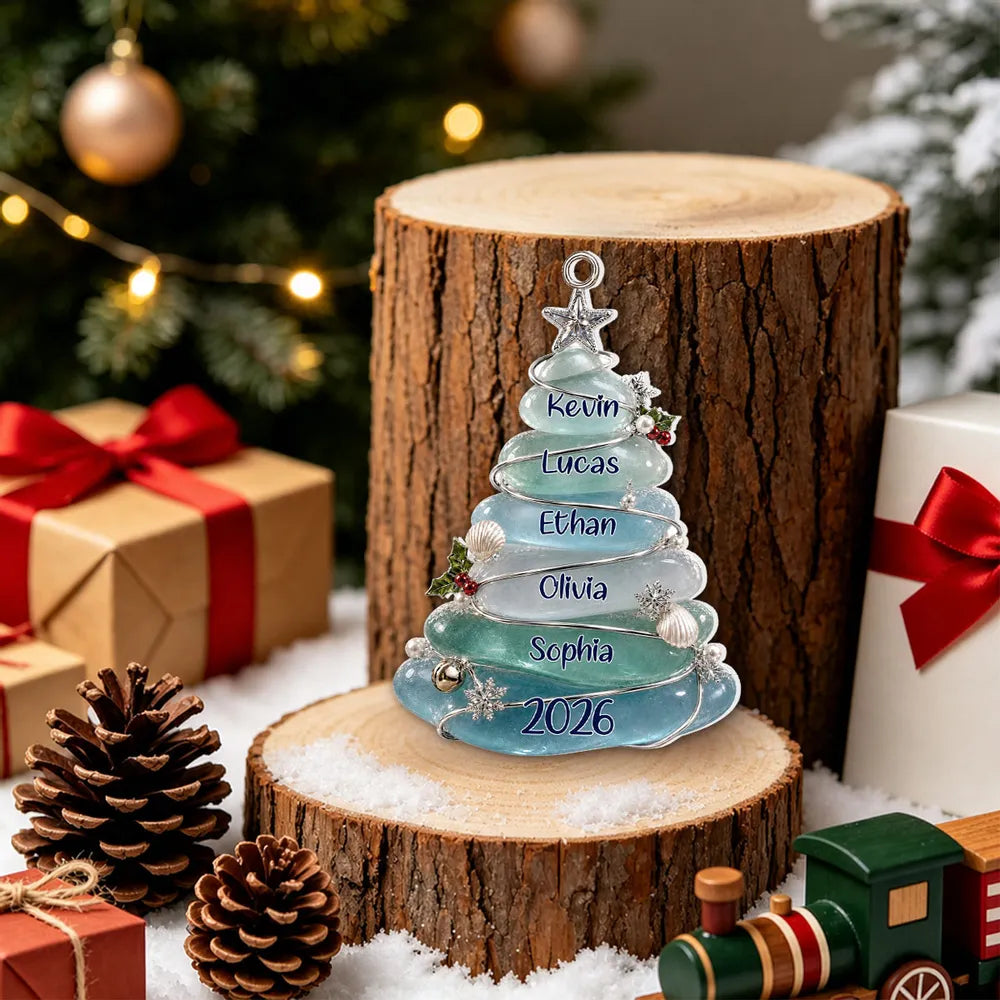 Personalized Acrylic Ornament, Icy Blue Family Tree Hanging on a Christmas Tree, Unique Gift for Family