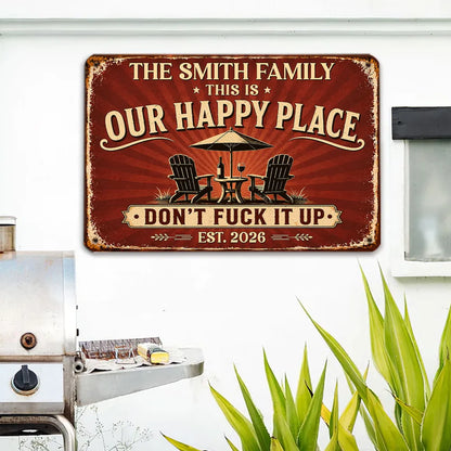 Custom Happy Place Rectangular Iron Sign, Personalized Backyard Decor, Unique Gift for Family