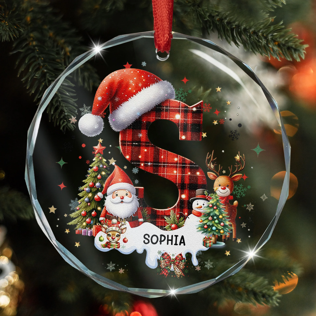 Acrylic Ornament - Personalized Plaid Initial with Santa & Snowflakes for Christmas Tree, Festive Sparkle, Unique Gift for Kids & Family