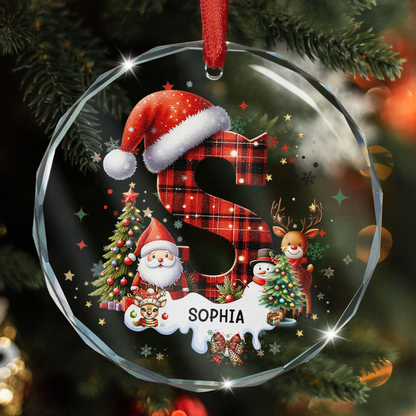 Acrylic Ornament - Personalized Plaid Initial with Santa & Snowflakes for Christmas Tree, Festive Sparkle, Unique Gift for Kids & Family