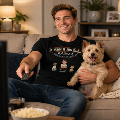 Personalized Classic Tee with Man & Dogs Artwork, Unique Creative Gift for Dog Dad Walks