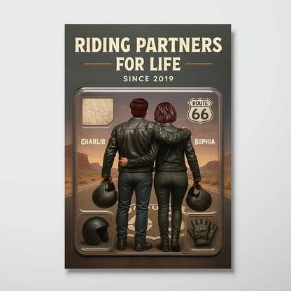 Personalized Biker Couple Poster Riding Partners For Life Route 66 Sunset Wall Art - Unique Gift For Couples