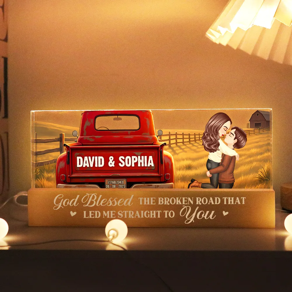 Personalized Block LED Light Plaque With Couple Kissing by a Red Truck, Rustic Sunset Scene, Unique Anniversary Gift