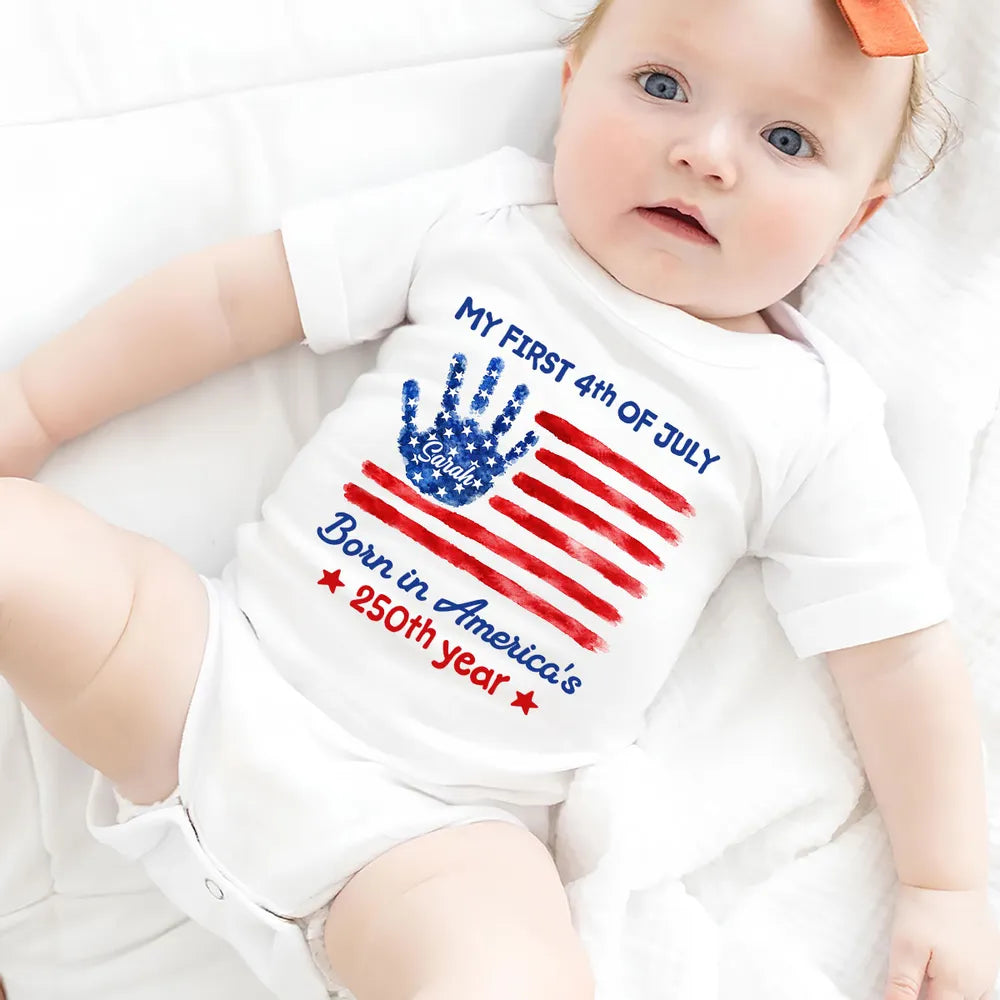 Personalized Short Sleeve Baby Onesie, My First 4th of July Handprint Flag, Unique Baby Gift