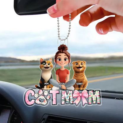 Cute Cartoon Cat Mom Acrylic Car Hanger, Personalized Rearview Mirror Decor for Cat Lovers, Unique Gift