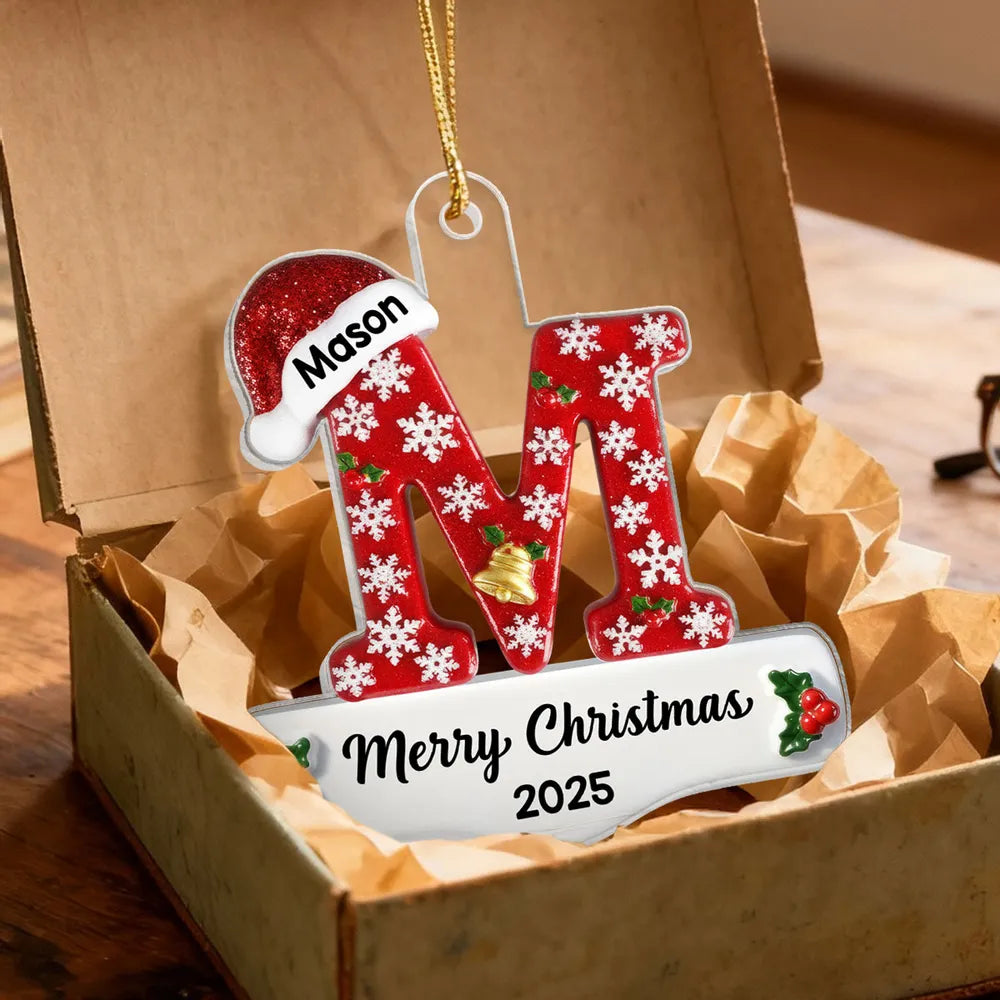 Personalized Acrylic Ornament, Red Santa Hat and Snowflake Design, Unique Christmas Gift for Family