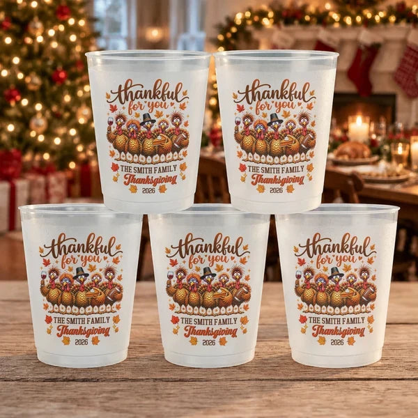 Personalized Frosted Plastic Cup, Thankful Turkey Design for Thanksgiving Dinner, Unique Family Gift