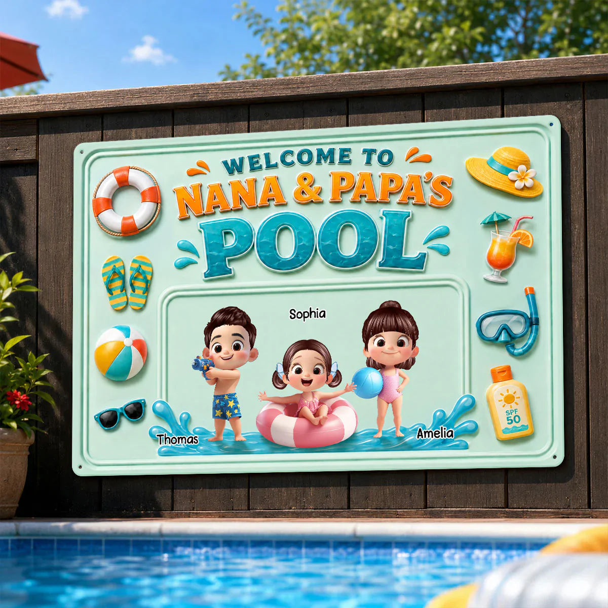 Personalized Rectangular Iron Sign, Nana & Papa's Poolside Kids, Unique Gift for Grandparents