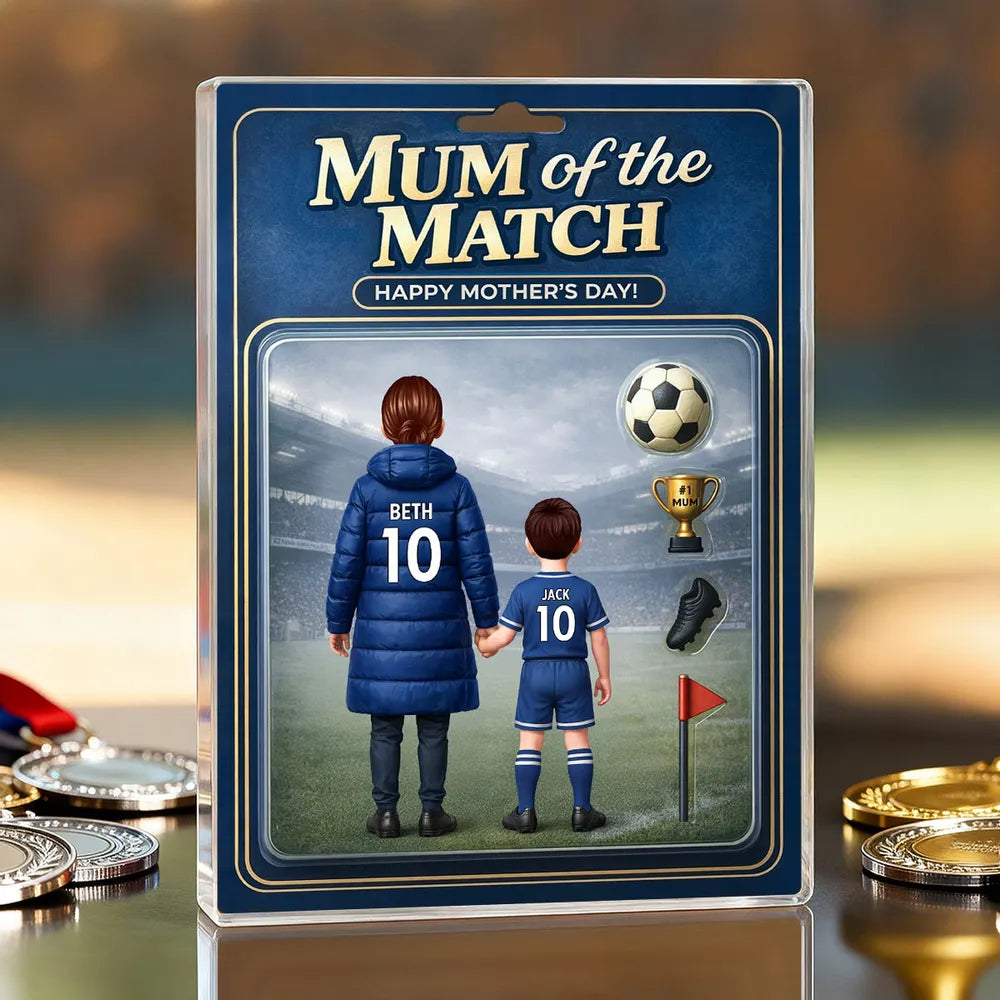 Personalized Rectangle Acrylic Block Plaque Mum of the Match Soccer Mom and Kid Holding Hands Stadium Scene Unique Mother's Day Gift