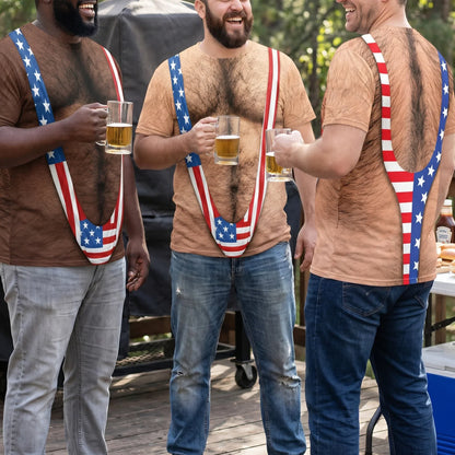 Printed Classic Tee, Patriotic Hairy Body Illusion, Laughing Man Outdoor Party, Unique Gift for Dad