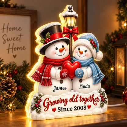 Personalized Growing Old Together Acrylic Light Box, Snowmen Holding a Heart, Creative Gift for a Partner