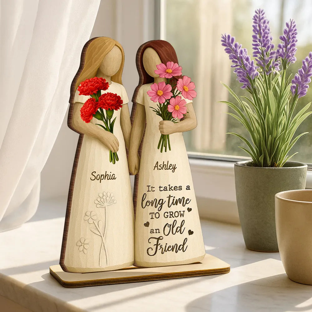 2-Layer Wooden Plaque for Best Friends – Hand-in-Hand figurine with flowers, cozy mantel décor and heartwarming keepsake, perfect gift to celebrate lifelong friendship