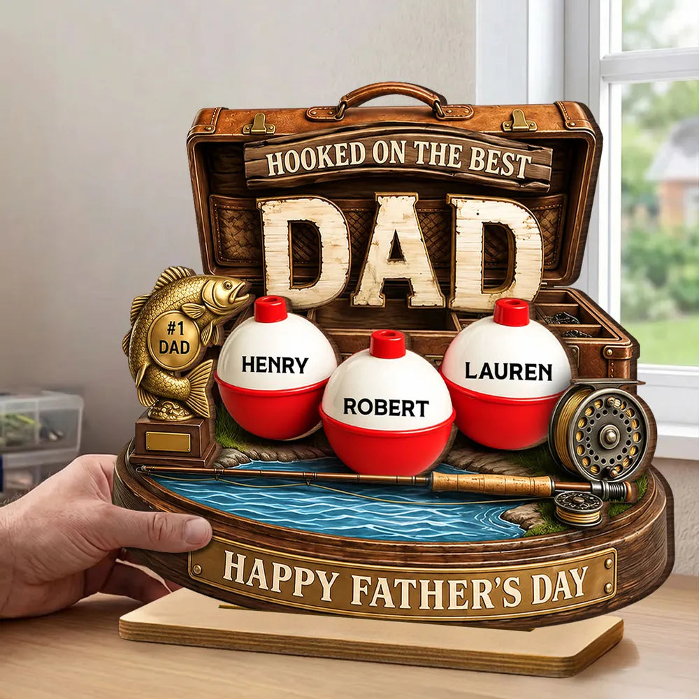 Personalized Wooden Plaque For Fishing Dad, Hooked On The Best Dad Lake Scene, Unique Father's Day Gift