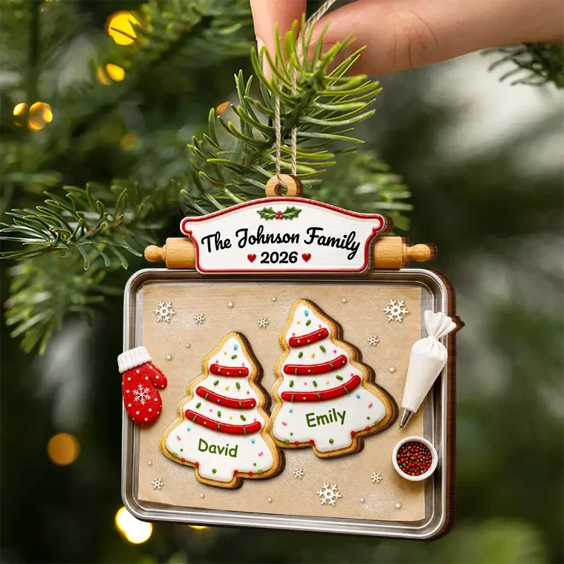 2-Layer Wooden Ornament, Personalized Family Tree Cookies in Warm Red & Green, Creative Gift for Parents