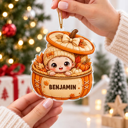 Custom Name Baby in Pumpkin Basket Ornament, Adorable Autumn Keepsake, Unique Christmas Gift for Baby's First Holiday