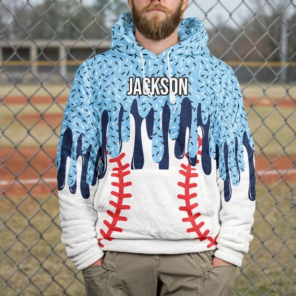 Personalized Youth Printed Flannel Hoodie, Blue Baseball Drip Art, Unique Gift for Young Players