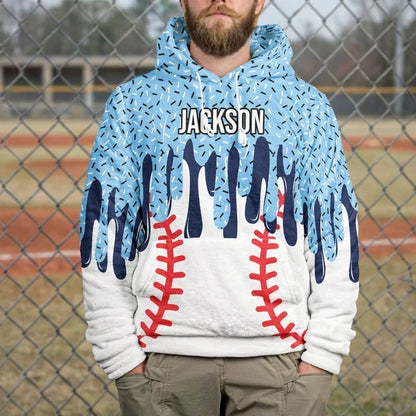Personalized Youth Printed Flannel Hoodie, Blue Baseball Drip Art, Unique Gift for Young Players