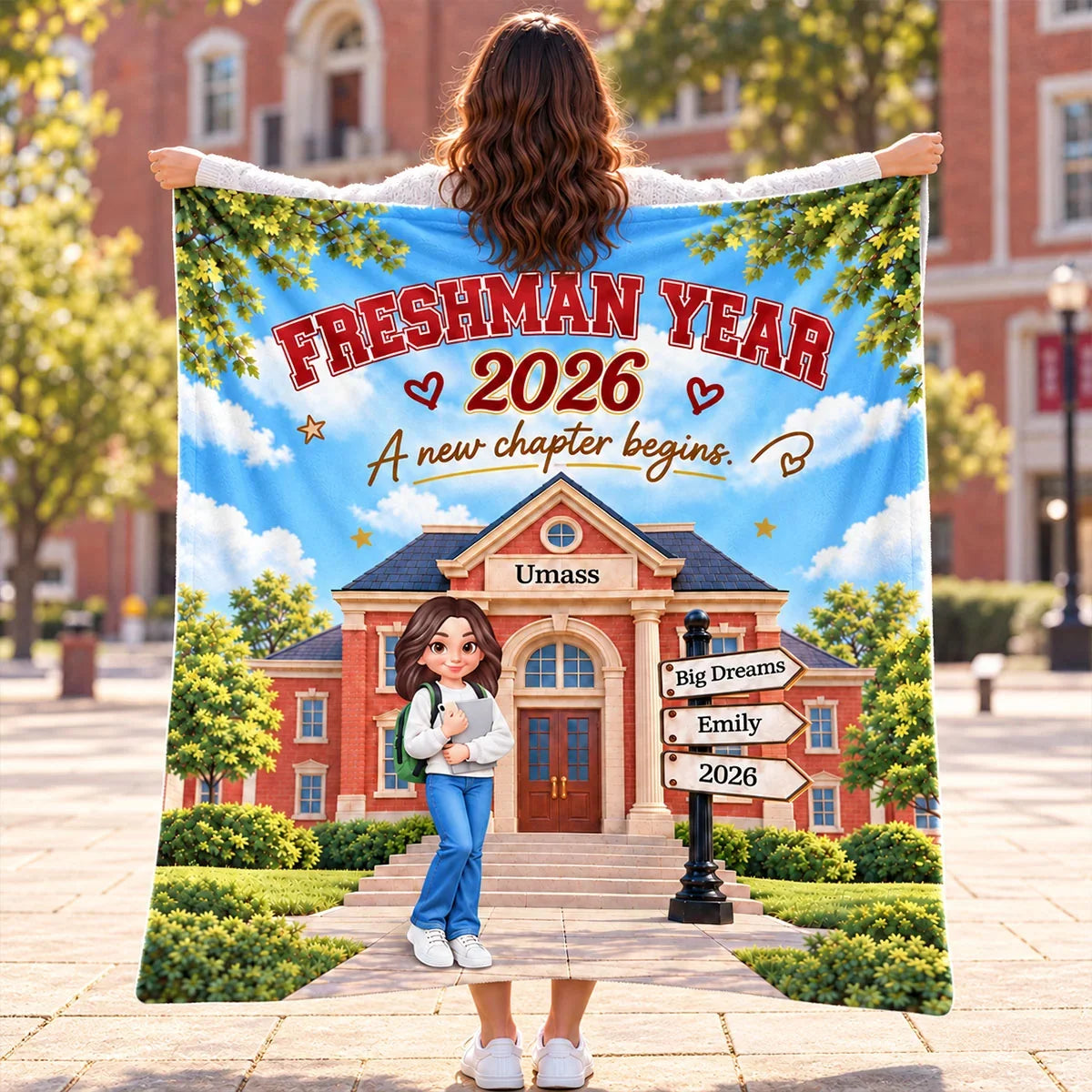 Personalized Fleece Blanket, Student Holding Books on a Sunny Campus, Unique College Gift