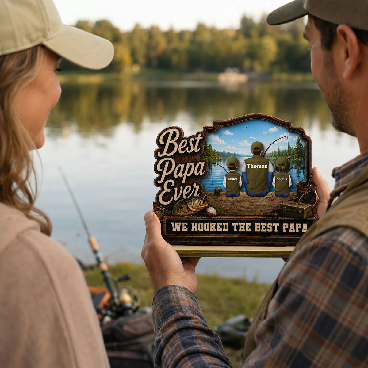 Best Dad Ever 2-Layer Wooden Plaque, Custom Fishing Lake Scene, Creative Gift for Papa
