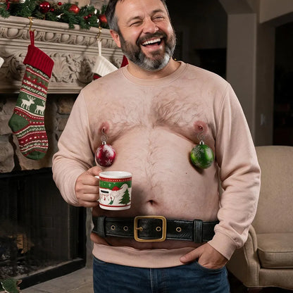 Personalized Printed Sweatshirt, Tan Christmas Torso Illusion with Ornaments, Beer-Holding Look, Unique Gift for Him