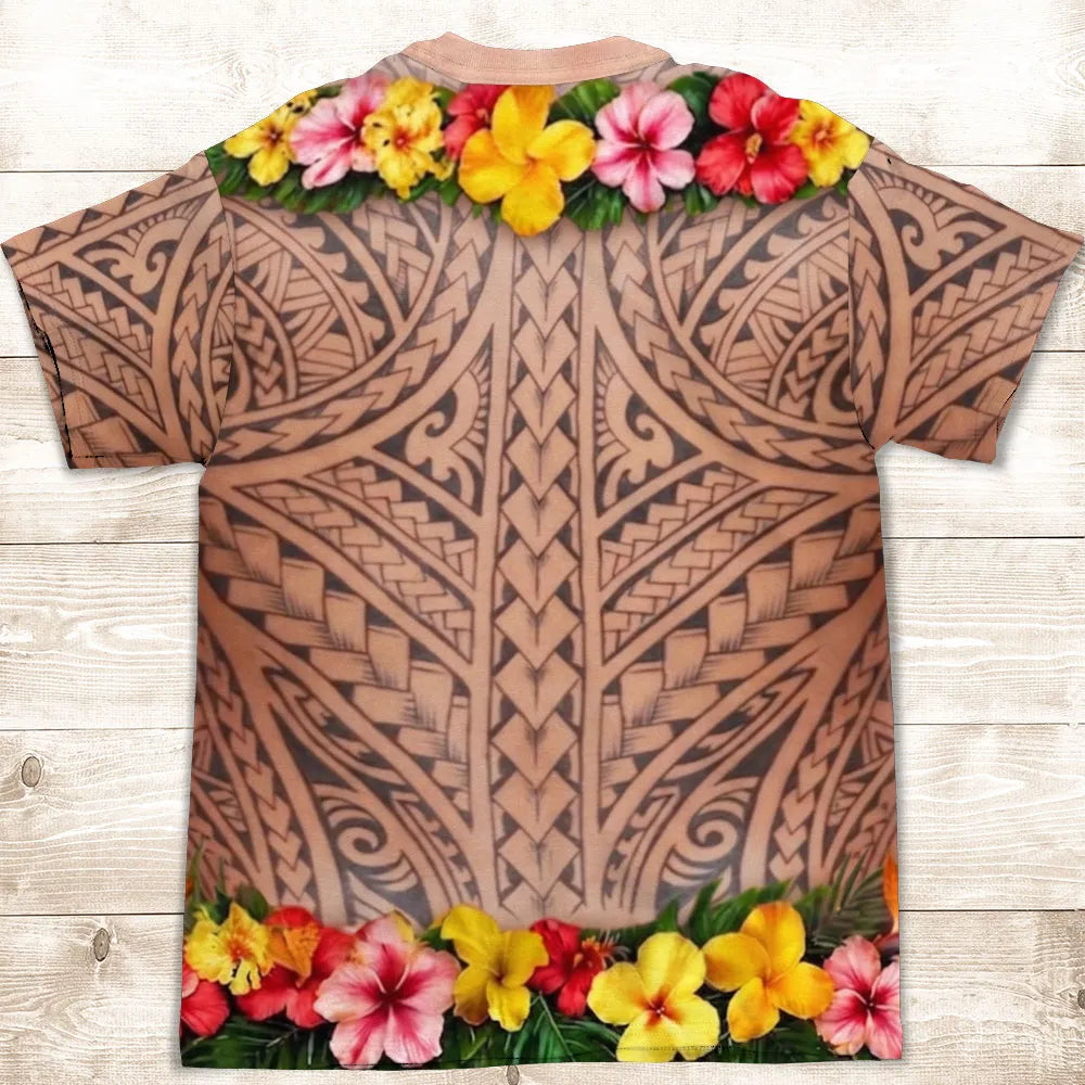 Printed Classic Tee, Personalized Tribal Tattoo & Tropical Lei Design, Unique Creative Gift for Him