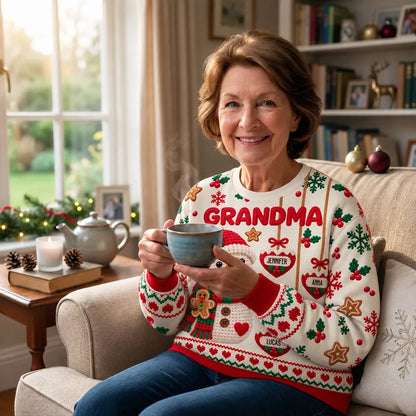 Personalized Printed Sweatshirt, Crochet-Style Snowman Holding Gingerbread, Unique Christmas Gift for Grandma