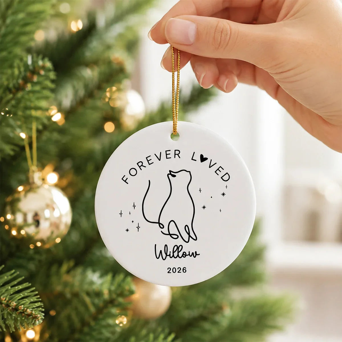 Personalized Cat Memorial Ceramic Ornament, Forever Loved Christmas Tree Keepsake, Unique Gift for Cat Owner