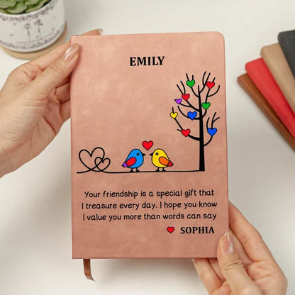 Personalized Leather Journal with Colorful Birds Beside a Heart Tree, Unique Gift for Best Friend
