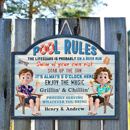 Funny Wooden Sign with Swim at Your Own Risk Pool Vibes, Custom Creative Gift for Friends & Couples