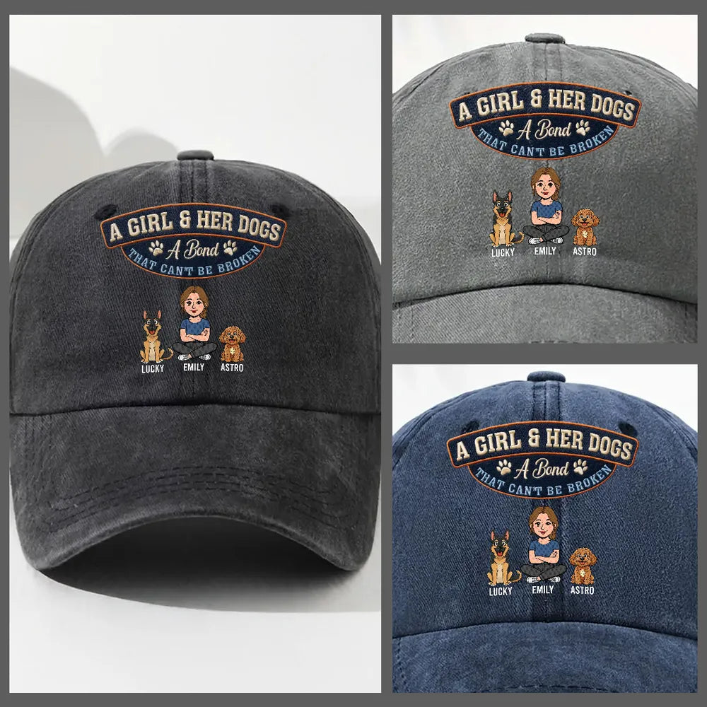 A Girl & Her Dog Washed Denim Baseball Cap, Custom Vintage Look Unique Gift For Pet Lovers