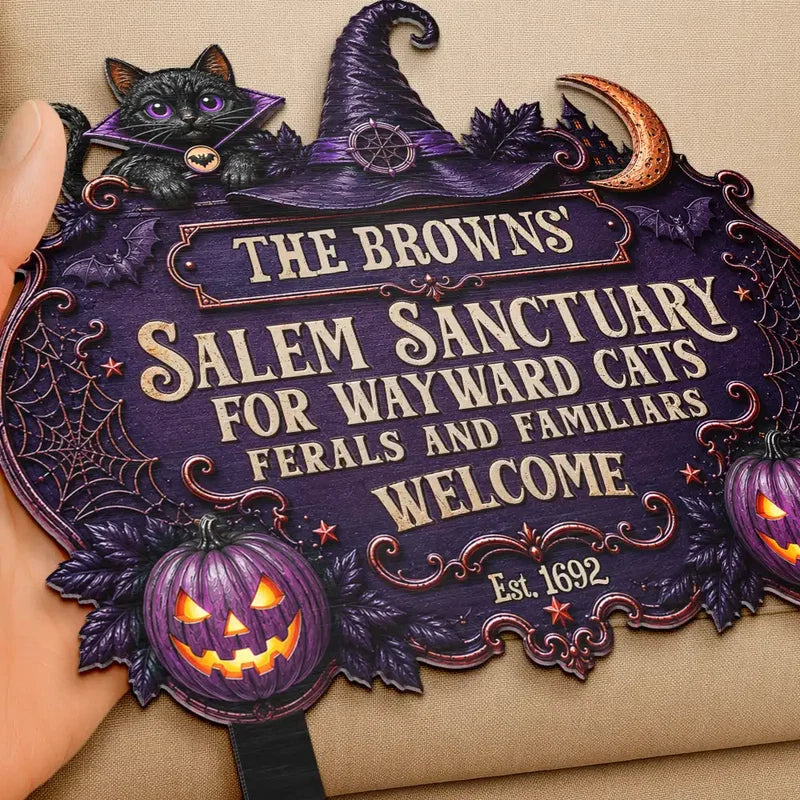 Personalized Metal Garden Stake, Black Cat by a Witch Hat, Gothic Welcome Decor, Creative Gift for Cat Lovers