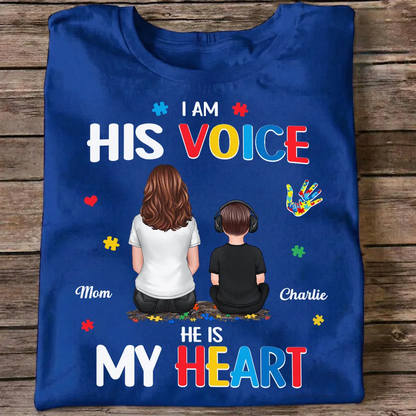 Personalized Classic Tee I Am His Voice He Is My Heart Autism Puzzle Mom and Son Back View Unique Gift