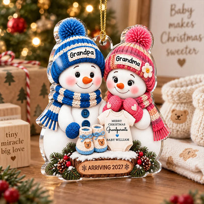 Personalized Acrylic Ornament, Cute Blue & Pink Snowman Grandparents with Baby Onesie, Unique Gift for Grandma & Grandpa
