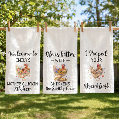 Personalized Funny Chicken Kitchen Towel, Watercolor Farmhouse Decor, Creative Gift for Home Cooks