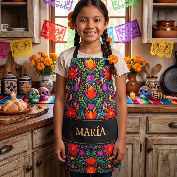 Personalized Waterproof Apron, Vibrant Mexican Folk Florals, Unique Gift for Home Cooks