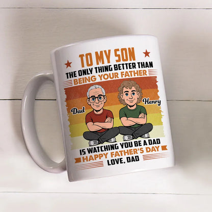 Personalized Father & Son Mug, Cartoon Dad Watching Son Become a Dad, Unique Father's Day Gift