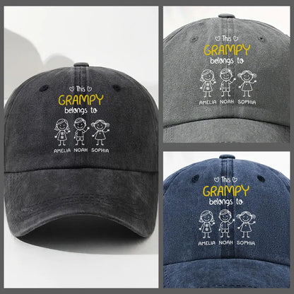 Washed Denim Baseball Cap with Stick-Figure Grandkids Art, Vintage Adjustable, Breathable - a Unique Gift for Grandpa