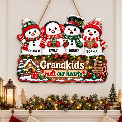 Grandkids Melt Our Hearts Personalized Wooden Sign, Festive Snowman Decor, Creative Gift for Grandparents