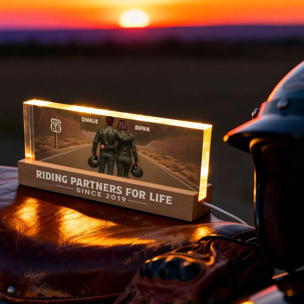 Personalized Block LED Light Plaque with Biker Couple Back View on Route 66, Warm Glow Bedroom Decor, Unique Gift for Couple