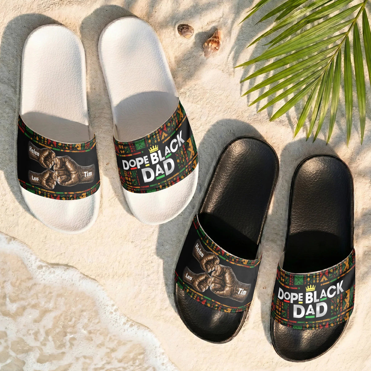 Personalized Men's Slide Sandals, Dope Black Dad Fist Bump Design, Unique Father's Day Gift for Dad