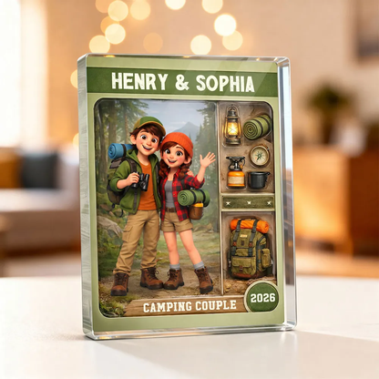 Personalized Camping Couple Rectangle Acrylic Block Plaque, Cute Cartoon Hikers Desk Decor, Unique Gift for Couples
