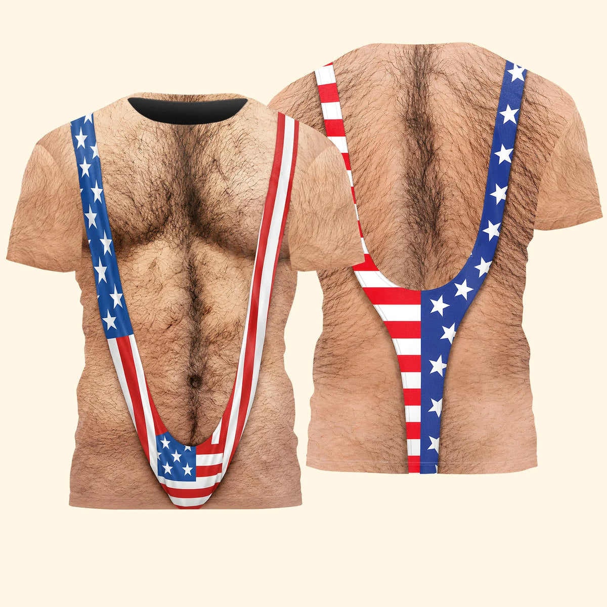 Printed Classic Tee, Patriotic Hairy Body Illusion, Laughing Man Outdoor Party, Unique Gift for Dad