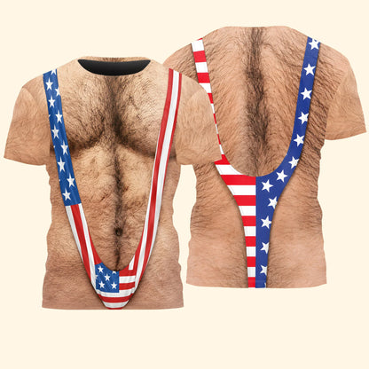 Printed Classic Tee, Patriotic Hairy Body Illusion, Laughing Man Outdoor Party, Unique Gift for Dad