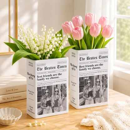 Personalized Ceramic Book Vase with Friends Posing Together, Family We Choose Quote, Creative Gift for Best Friend
