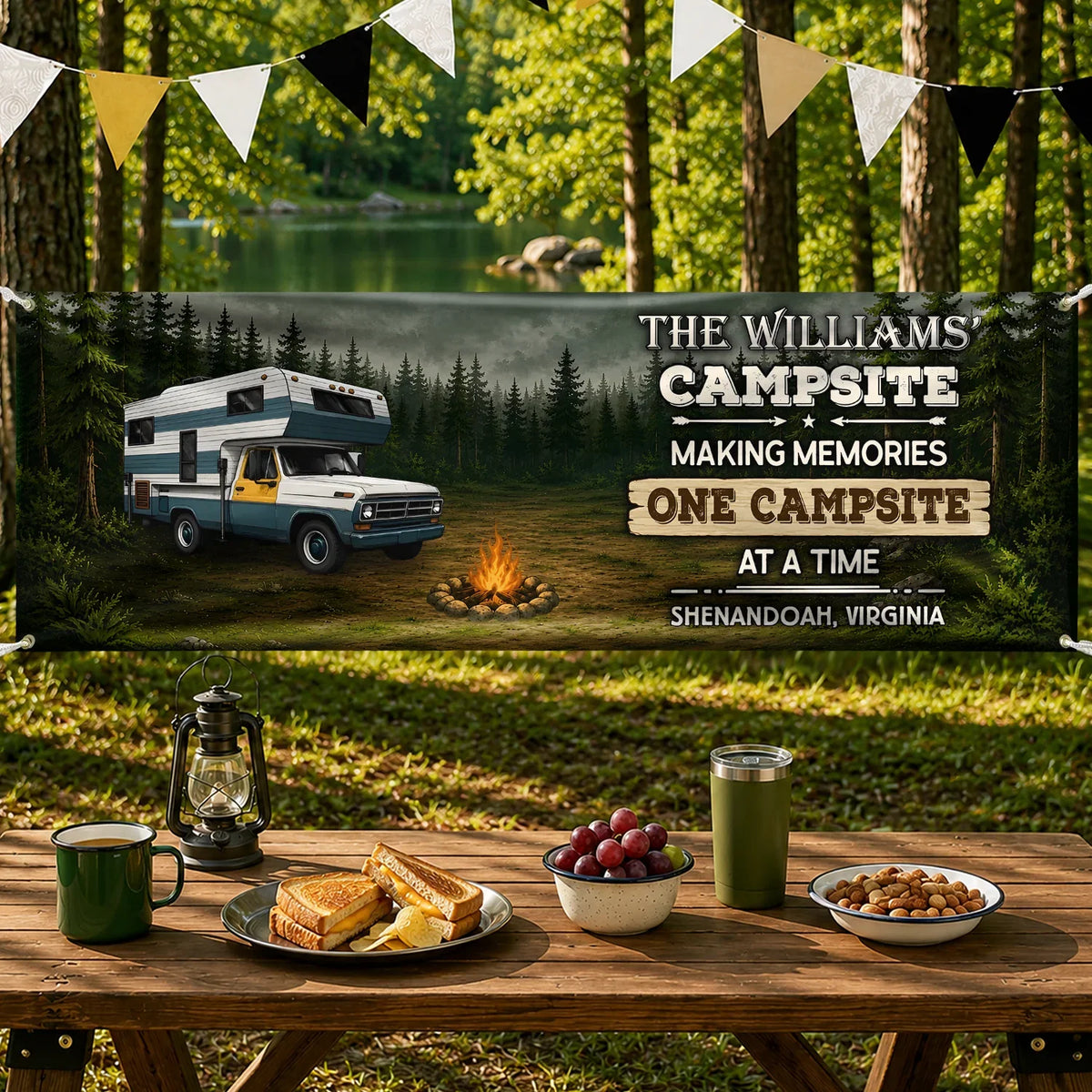 Personalized Vinyl Banner with Vintage Camper and Campfire, Unique Campsite Gift for Camping Families