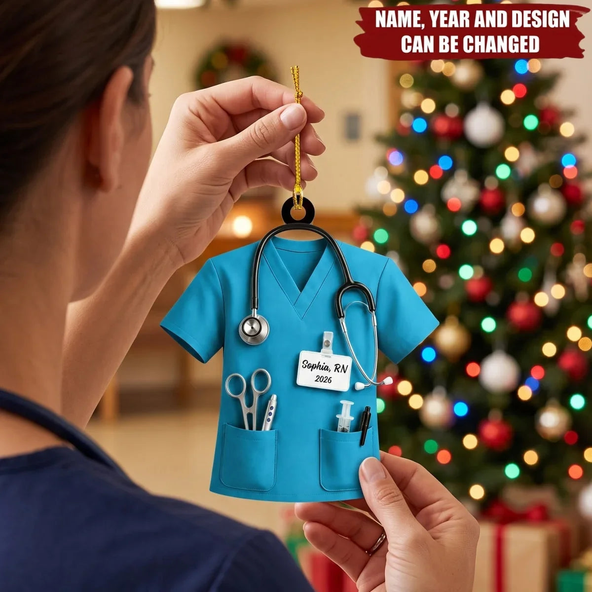 Personalized Acrylic Ornament, Teal Nurse Scrubs on a Christmas Tree, Unique Gift for Nurse